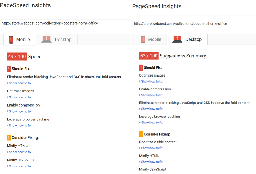 PageSpeed results for the previous weBoost website